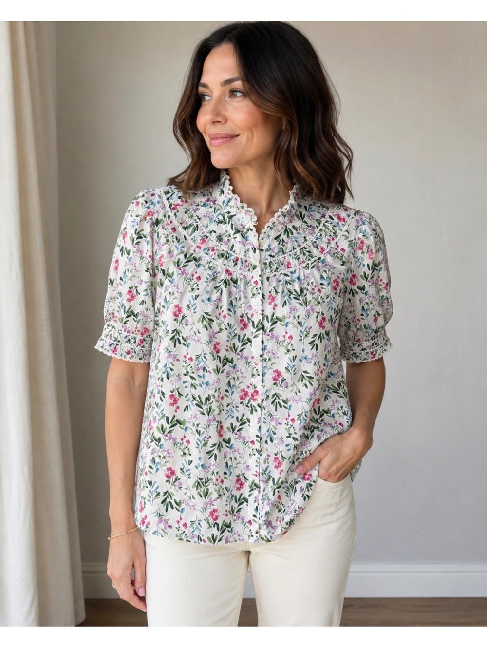 J.Crew Women’s Floral Cotton Blouse Size L
